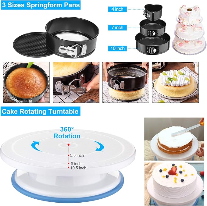Cake Decorating Supplies, 493 PCS Cake Decorating Kit Cake Pans | 3 Packs Springform Cake Pans, Cake Rotating Turntable,48 Piping Icing Tips,7 Russian Nozzles, Baking Supplies, Multicolor