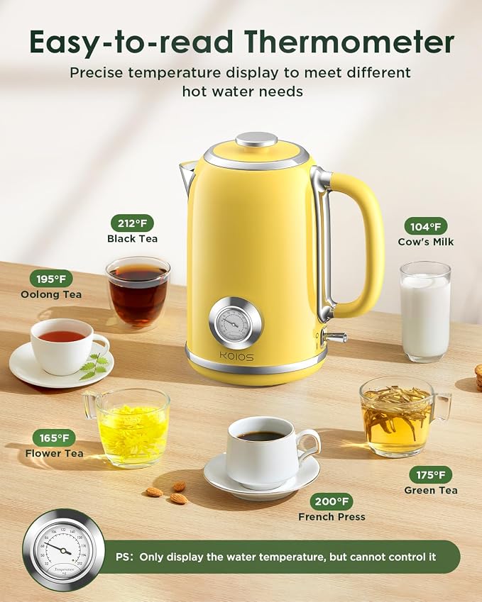 KOIOS Electric Kettle 1.8L with Built-in Temperature Gauge, Retro Design | 1500W Hot Water Tea Pot for Boiling Water, Stainless Steel Interior, Auto Shut-Off & Boil Dry Protection, Drip-free Spout