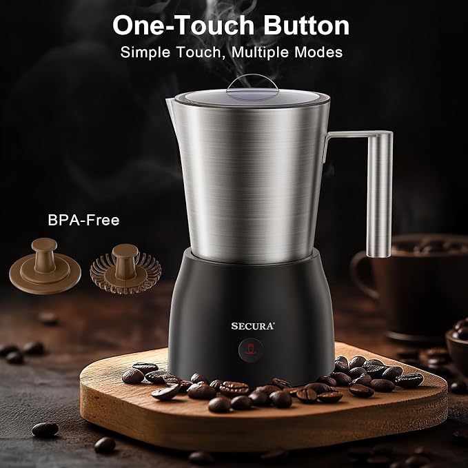 Secura Electric Milk Frother, 17oz Stainless Steel Hot & Cold Foam Maker | 304 Stainless Steel Jug, Teflon-Free & BPA-Free Design, Dishwasher-Safe, 4-in-1 Foam Maker, Create Latte, Hot Chocolate