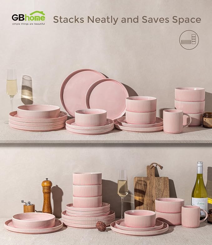 GBHOME Stoneware Dinnerware Sets for 4,12-Piece Plates and Bowls Set | Handmade Reactive Glaze Ceramic Dish Set, Scratch Resistant, Dishwasher&Microwave Safe,Blush Pink