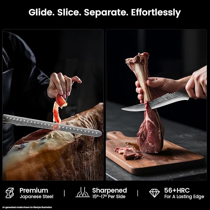 Brisket Slicing Knife Set, Carving & Boning Knife for Meat & Turkey | Japanese Style High Carbon Steel Kitchen Knives Set for Home & BBQ, Wenge Wood Ergonomic Full Tang Handle, Ideal for Gift