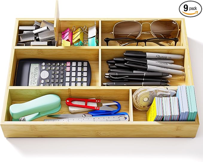 Bamboo Drawer Organizer with 9 Adjustable Compartments, Desk Storage Tray | Natural Bamboo, Flexible Modular Trays, Water-Resistant, Adjustable, Excellent Organization, Easy to Clean, Non-Slip Design