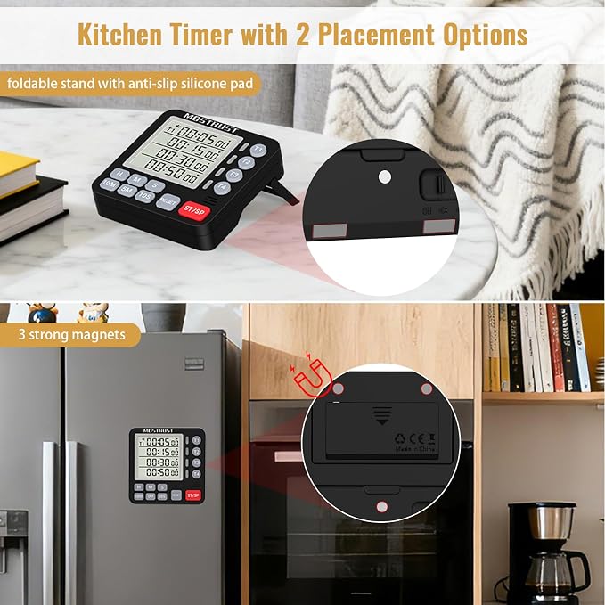Digital Dual Kitchen Timer, Multiple Channels Countdown Timer | 4-Groups Timer with Magnetic-Back Memory-Preset Large Display Adjustable Alarm Volume, 3A Battery Included, Ideal for Cooking