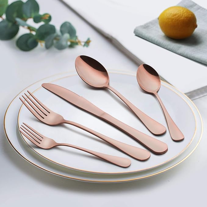 LIANYU Copper Silverware Flatware Set, 20 Piece Stainless Steel Cutlery Set | Service for 4, Mirror Finish, Ideal for Home Hotel Wedding Festival Party, Dishwasher Safe