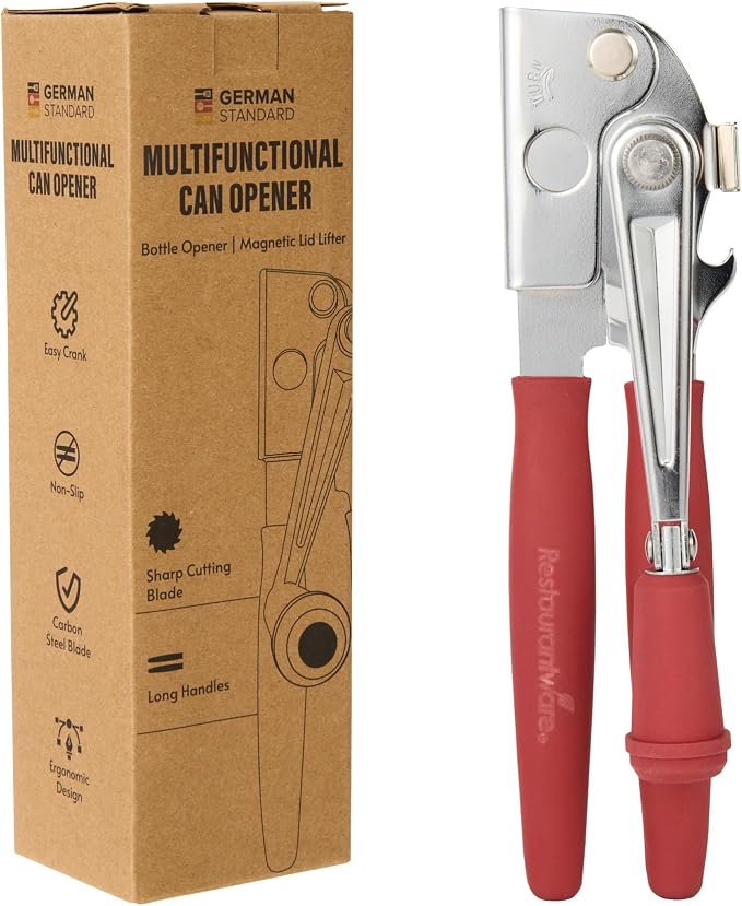 Restaurantware Stainless Steel Magnetic Manual Can Opener - German Standard Red Crank Can Opener with Magnet, Ergonomic Handles, Non-Slip - Heavy-Duty Hand Can Opener, Easy Turn, Sharp Blade