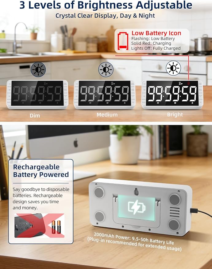 Large 7.8" Digital Timer with LED Display, Magnetic for Kitchen & Classroom | USB-C Rechargeable Timer with 99-Hour Count Up & Countdown, 3 Brightness Levels, 5 Alarm Sounds, 4 Volume Levels for Study