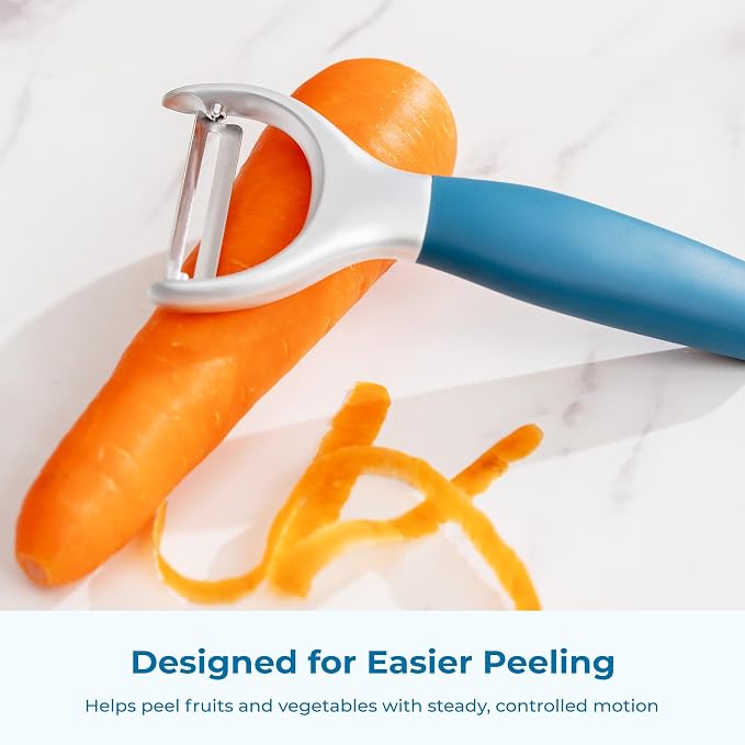 OOU Vegetable Peeler, Stainless Steel Y-Peeler with Sharp Swivel Blade, Premium Zinc Alloy Construction, Ergonomic TPE Non-Slip Grip Handle, Blue