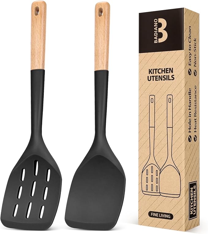 Silicone Spatula, Non Stick Turner for Cooking, Food Grade, Black | Heat Resistant, Flexible Edge, 2 Pack Wooden Handle Kitchen Turner for Baking Mixing Grilling Serving Food