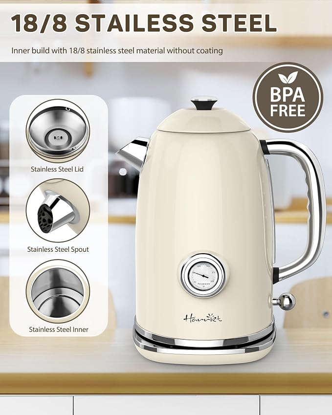 Harriet 61oz Electric Kettle with Thermometer, Retro Hot Water Boiler | 1500W Hot Water Kettle, Electric Tea Kettle for Boiling Water, LED Indicator, Auto Shut-Off & Boil Dry Protection