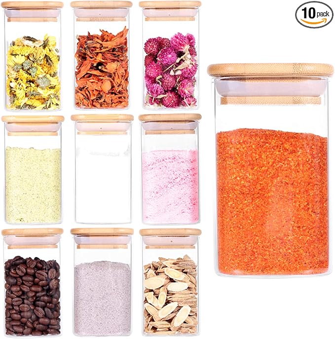 Tzerotone 10 Pcs Glass Spice Jars - 8oz Empty Square Spice Storage Containers With Bamboo Airtight Lid and Labels - Thicken Small Glass canister for Kitchen Seasoning,Coffee Bean,Tea,Suger,Herbs