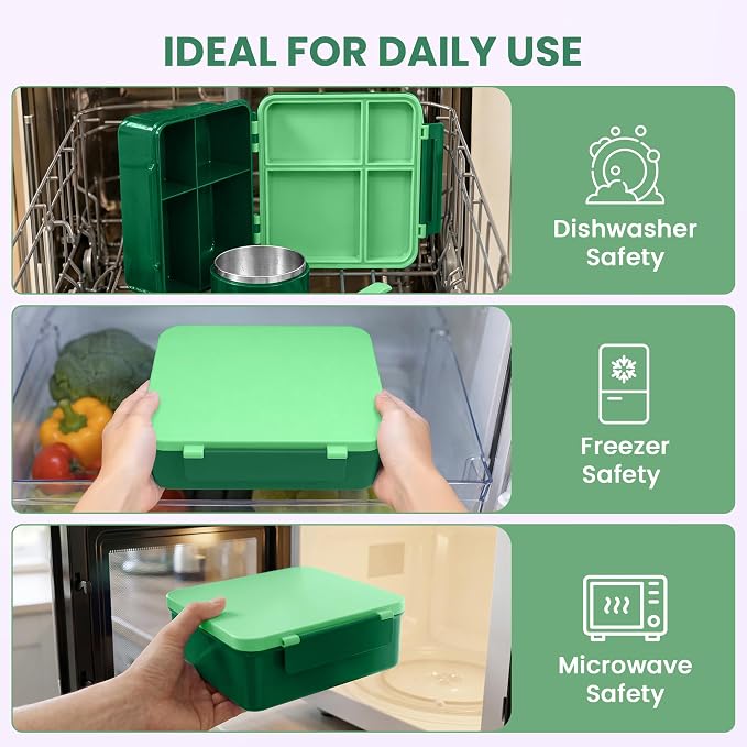LOHASOK Bento Lunch Box for Kids with 8oz Soup Thermo, Green | 4-Compartment, Leak-Proof Lunch Containers with Insulated Food Jar and Silicone Foldable Spoon Fork