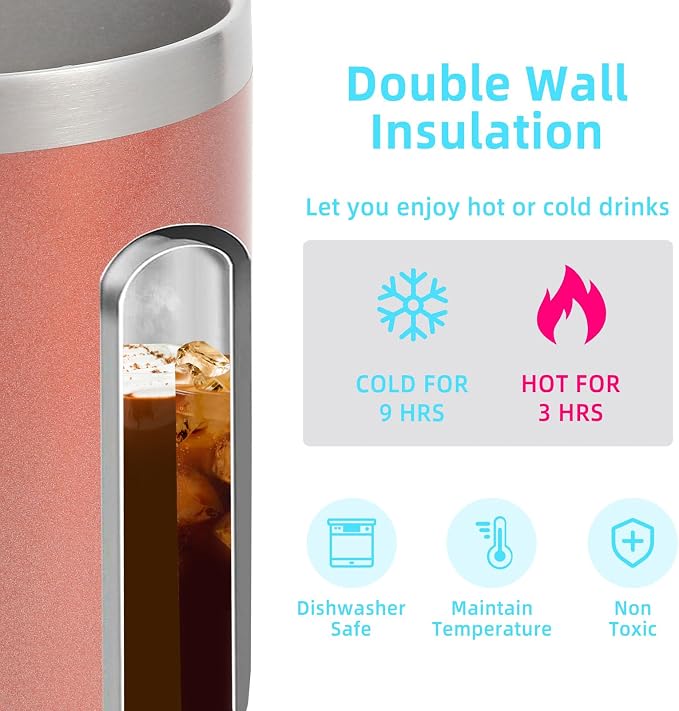 Volhoply 14oz Insulated Stainless Steel Coffee Mug with Lid Bulk 2 Pack,Double Wall Vacuum Travel Coffee Cup with Handle,Reusable Cups Tumbler,Camping Mugs Keep Hot,Ideal Gifts(Rose Gold,2)
