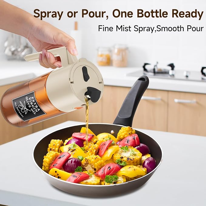 2-in-1 Dark Glass Oil Sprayer & Dispenser, Beige Fine Mist No-Drip | 500ml dark glass for daily cooking, kitchen counter, salad & baking; food-safe, 304 filter, wide-mouth refill and cleaning.