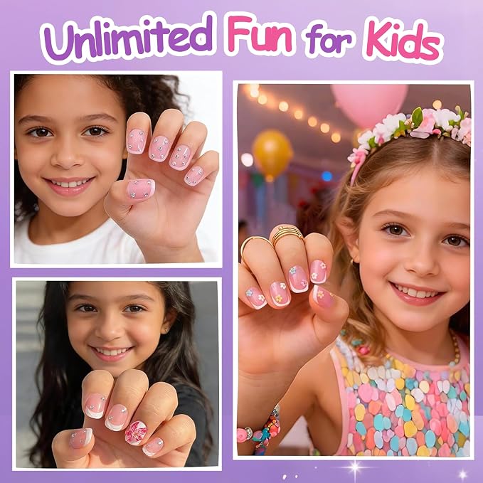 72Pcs Press on Nails for Kids, 3D Nail Rhinestones Flowers for Girls 8-12 | Square Kids Press on Nails, 12 Size, Non-Toxic, Fashion Nail Kit with Adhesive Tabs, Nail File, for Christmas Birthday Party
