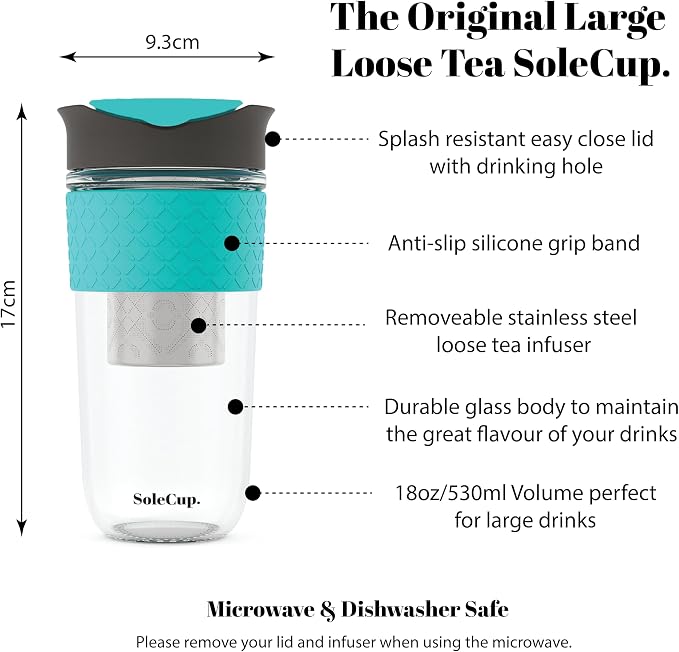 Large Travel Mug Loose Tea Infuser - Detachable Tea Strainer with Spill Proof Lid - 18oz/530ml BPA-Free Reusable Glass Travel Coffee Cup with Silicone Band (Gray and Blue, 18oz)