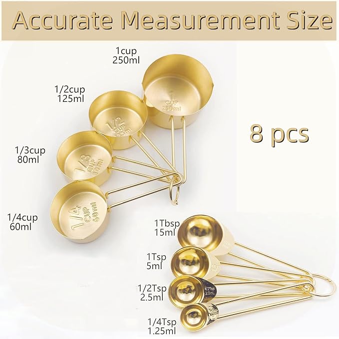 Gold Measuring Cups and Spoons Set, 8 PCS Metal Measuring Cups and Stainless Steel Measuring Spoons Set for Kitchen