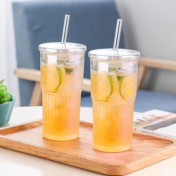 JunVpic Glass Coffee Tumbler, 20 oz Glass Cup with Lid and Straw | Multicolor glass design, Hammered Texture, reusable straw and lid for iced coffee, tea, smoothies and hot & cold drink