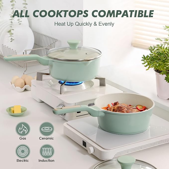 SENSARTE Ceramic Nonstick Saucepan with Lid 2.0QT, PTFE/PFAS Free, Green | Kitchen Cooking Pot with Stay Cool Handle, Induction Compatible, Ceramic Coating