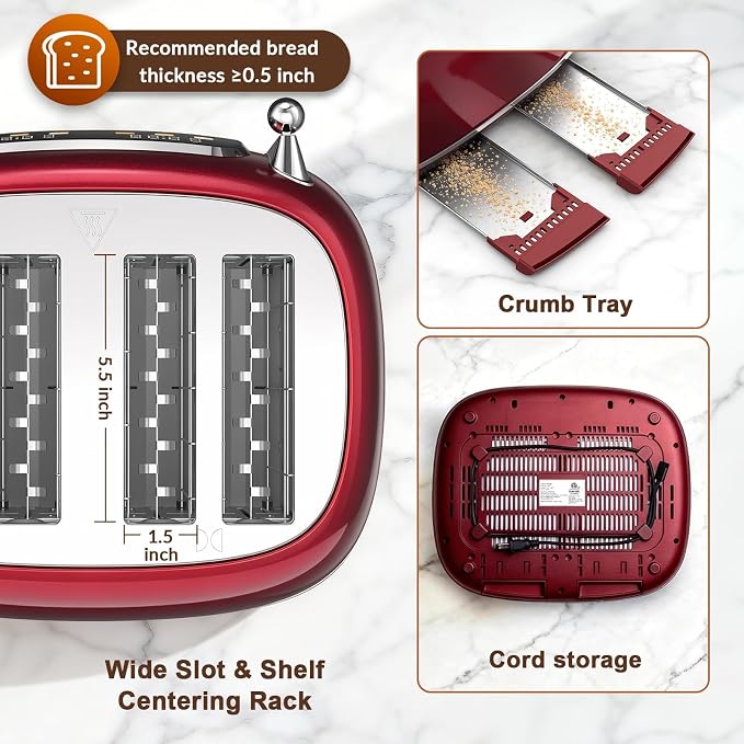 Mecity Toaster 4 Slice, Touch Screen Wide Slot Retro Toaster For Breads Bagel Muffin Waffle, House Warming Gift New Home, 120V 1650W, Red Pearl