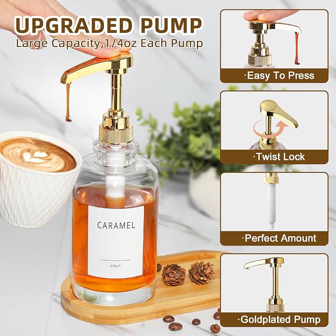 Coffee Syrup Dispenser, Glass Syrup Pump Dispenser for Coffee Bar Accessories, Maple Syrup Bottles with Tray, Simple Syrup Bottles with 1/4oz Large Capacity Gold Pump, 2 Pack 16.9 Fl oz
