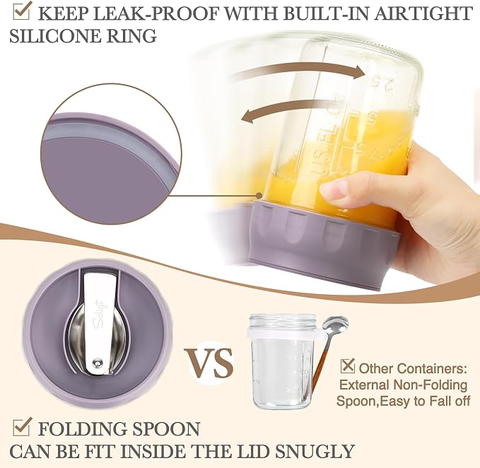 SOLIGT 2 Pack Overnight Oats Containers with Lids (Oat White/Purple) | Folding Spoons and Divided Compartments for Fruit&Nuts, Small Glass 16oz Mason Jars for Oatmeal Yogurt Parfait