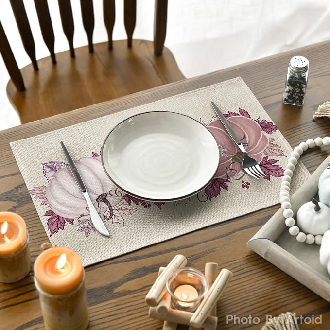 Artoid Mode Pink Pumpkin Leaves Fall Placemats Set of 4-12 x 18 Inch | Heat-Resistant Table Mats, Washable Seasonal Autumn Kitchen Dining Decor