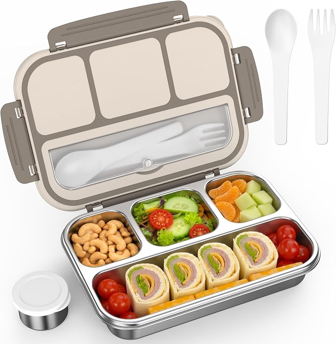 Stainless Steel Bento Box Adult Kids, Leakproof Metal Lunch Box Containers 4 Compartments, 32 Oz Reusable Food Storage Containers for Office and School, Brown