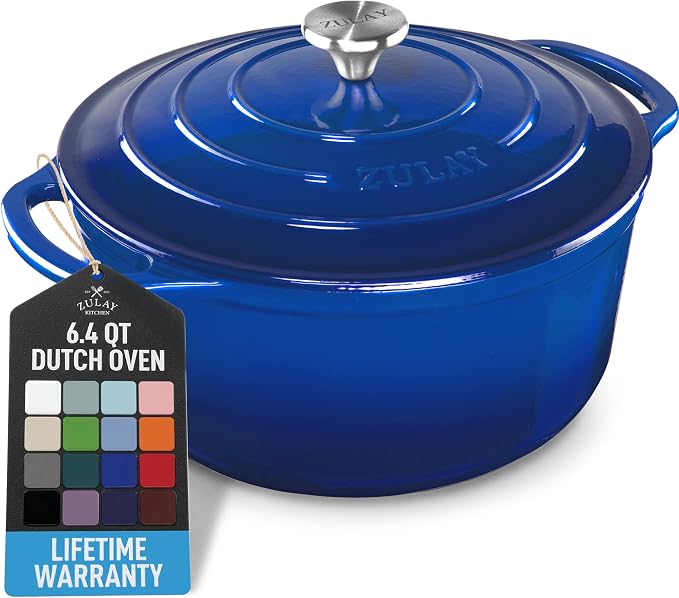 Zulay Kitchen 6.4QT Enameled Cast Iron Dutch Oven Pot with Lid, Heavy-Duty Soup Pot for Stews, Braising, Roasting & Sourdough Bread Baking, Oven Safe up to 500°F - Blue