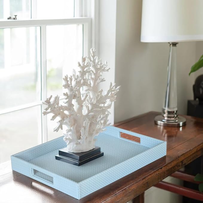HofferRuffer Rectangle Serving Tray with Hole Handles for Coffee Table, Breakfast, Tea, Food, Butler - Countertop, Kitchen, Vanity Serve Tray, 16.2 x 12.2 x 2 inches, Faux Leather (LightBlue)
