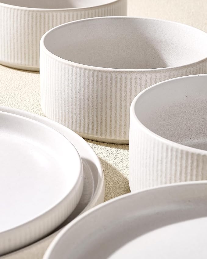 Ceramic Dinnerware Sets for 4, 8-Piece Flat Dinner Plates and Salad Plates | Famiware Premium Stoneware Dishes, Chip & Scratch Resistant, Microwave & Dishwasher Safe, Everyday & Serving Use, Matte White