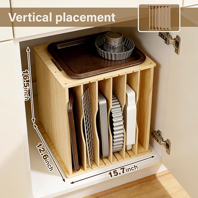 6 Tier Wooden Tray Dividers for Cabinets, Cookie Sheet Organizer 15.7" W x 16.5" H x 12.6" D Baking Sheets, Pans and Cutting Boards Organizer for Kitchen Cabinets or Countertop