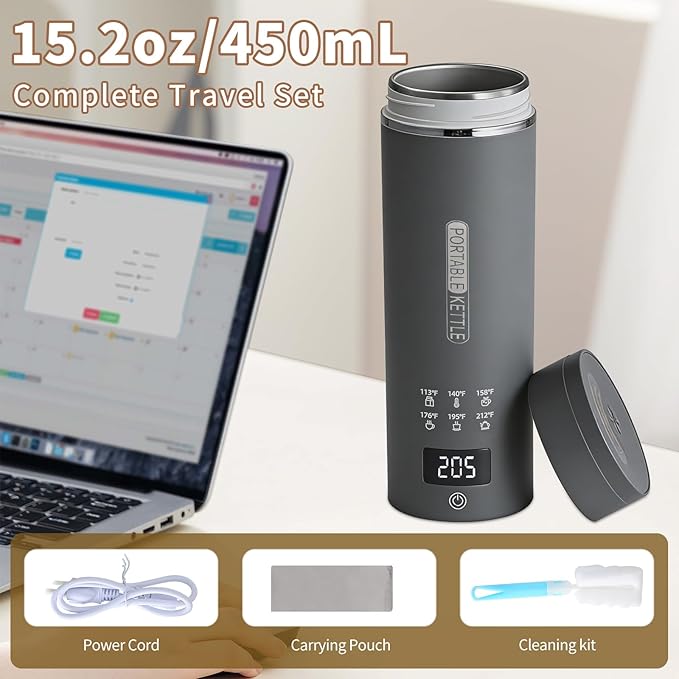Travel Electric Kettle, LCD Display with 6 Temperature Settings, 304 Stainless Steel, 450ml/15.2oz, Auto Shut-Off and Boil-Dry Protection, Compact Portable Electric Kettle, Gray