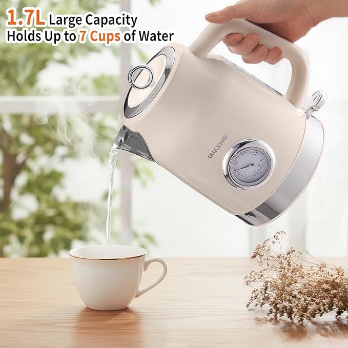 Retro Electric Kettle, 1.7L, 304 Stainless Steel, Beige | Temperature Gauge, 1500W Fast Boiling, Auto Shut-Off & Boil-Dry Protection, BPA-Free,Vintage water kettle, Cream Color