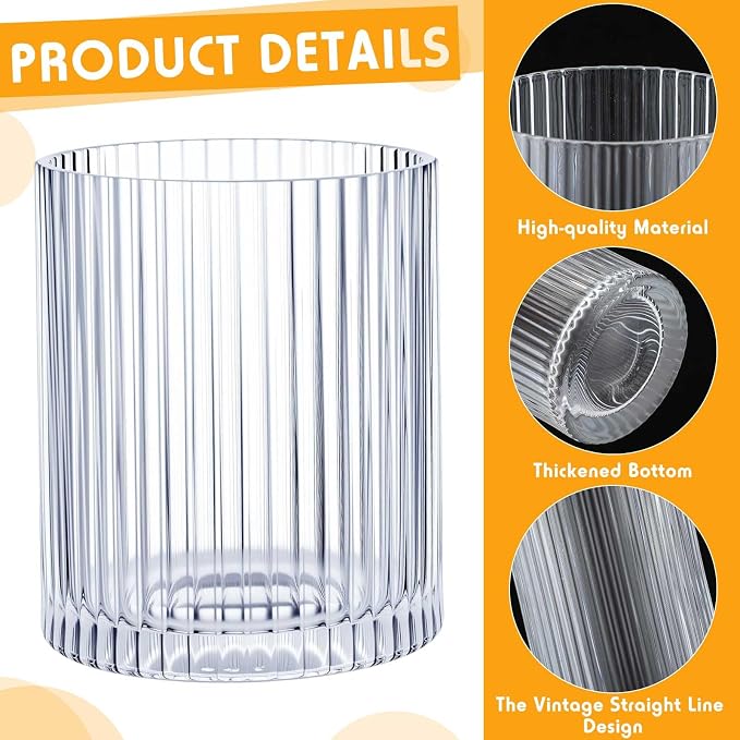 Zhehao 12 Pcs Ribbed Drinking Glasses Set 12 oz 14 oz Glass Cups Vintage Glassware Ribbed Cocktail Cup Clear Ice Coffee Highball Ripple Drinkware for Home Bar Beverages