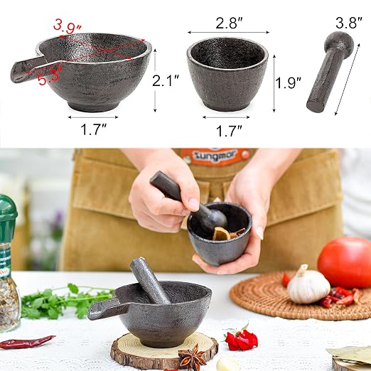 Sungmor Cast Iron 3.9 Inches Mortar with Pour Spout and 3.9 Inches Pestle | Small Heavy Duty Black Spice Grinder Set,Rustic Useful Kitchen Tools for Grinding Spices, Herbs, Nuts and Pesto