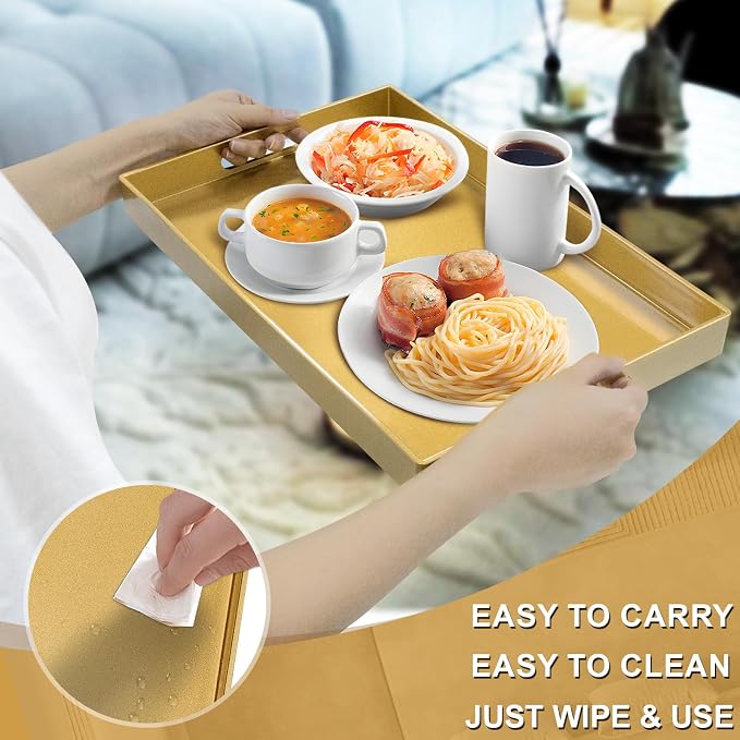 Gold Decorative Tray for Coffee Table, Serving Tray with Handles | Plastic Melamine Tray, Modern Ottoman Tray, Rectangular Countertop Organizer Tray for Living Room, 15.8"L x 10.2"W x 1.4"H