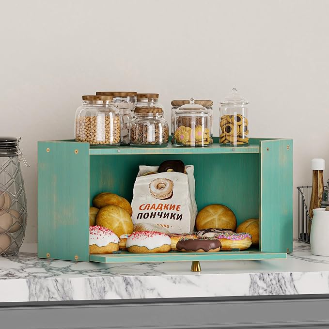 Trironsun Corner Bamboo Bread Box for Kitchen Counter Large Capacity Rustic Bread Storage Container with Wavy Arcylic Transparent Door Vintage Storage for Homemade Bread (Antique Blue)