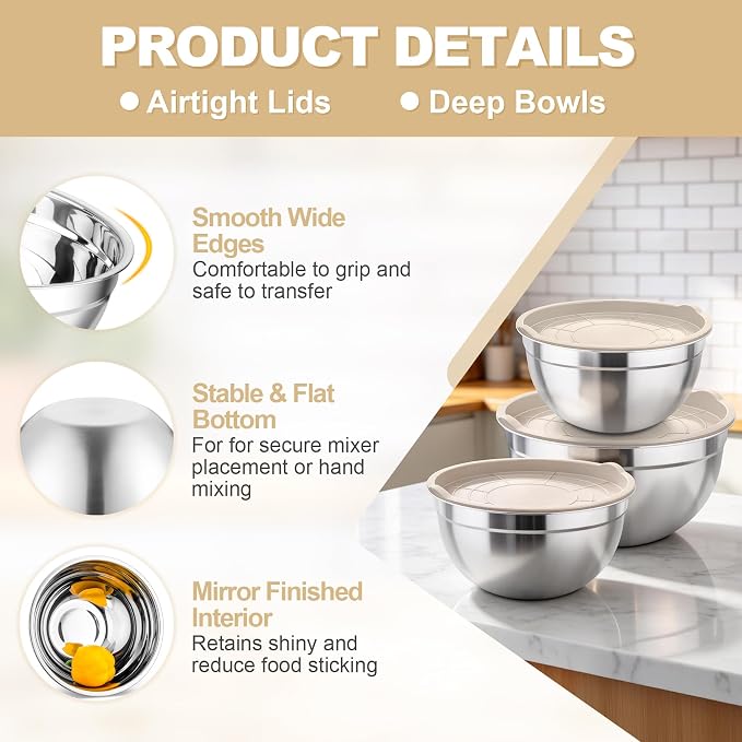 TeamFar Mixing Bowls, Stainless Steel Nesting Salad Bowls & Airtight Lids | For Serving/Mixing/Storing, Rust-proof & Heavy Duty, Dishwasher Safe, Set of 3-4.6/3 / 1.5 QT, Khaki