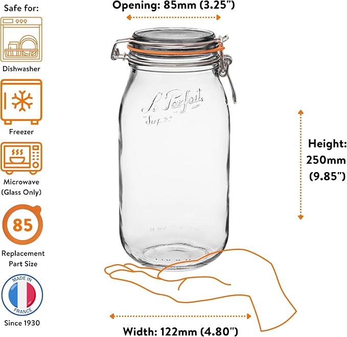 Le Parfait Super Jar 2L (64oz) Glass Canning Jar, Wire Bail Lid, 1 Pack | Airtight rubber seal for canning, preserving pickles, sauces and whole fruit, fermentation and pantry storage; Made in France