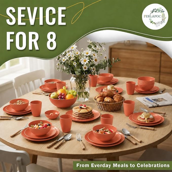 Wheat Straw Dinnerware Sets for 8, 40 Piece Unbreakable Dinnerware Set, Plates and Bowls Sets, Kitchen Plates and Bowls Set, Lightweight Dish Set for Home, Camping, and Everyday Use- Orange
