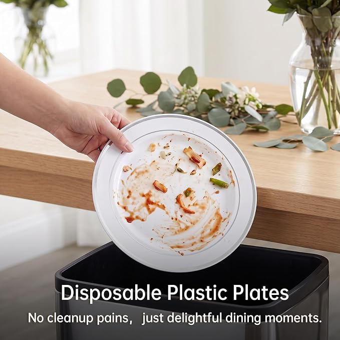 DaYammi 350PCS Silver Plastic Dinnerware Set for 50 Guests, Fancy Disposable Plates for Party, Include: 50 Dinner Plates, 50 Dessert Plates, 50 Pre Rolled Napkins with Silver Silverware, 50 Cups