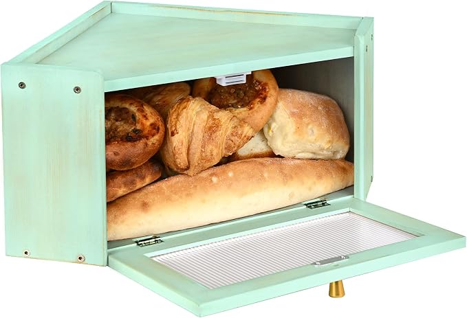 Bread Box for Kitchen Countertop with Acrylic Window Green | Farmhouse Bread Storage Container, Large Pantry Organizers for Homemade Snacks, Loaves, Breathable Keeps Bread Fresh