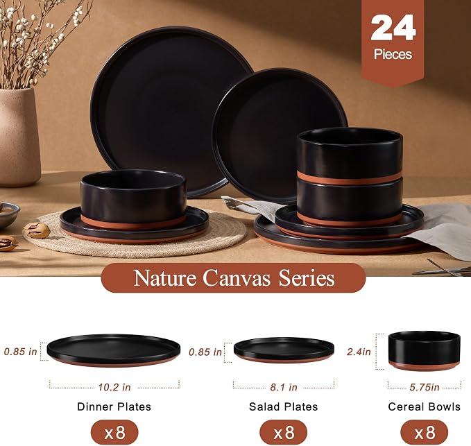 LIANYU 24 Piece Dinnerware Set for 8, Modern Style Stoneware Dinnerware Set | Scratch Resistant, Dishwasher Safe Bowl and Plate Sets, Ceramic Dish Dinner Set, Charcoal Black