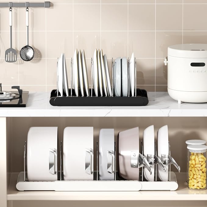 Expandable Pots and Pans Organizer Under Cabinet, Pan Organizer Rack with 9 Adjustable Slots, Pot Lid Holder for Cabinet, Countertop, Plates, Cutting Boards, Baking Sheets-White