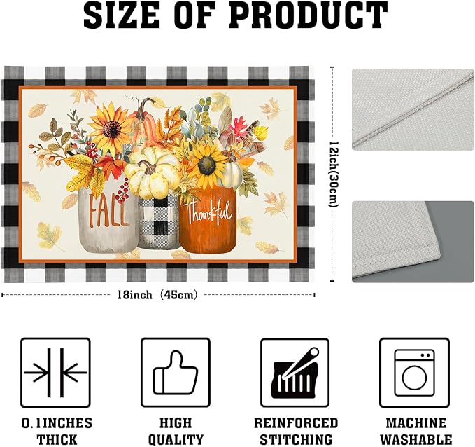 Fall Sunflower and Pumpkin Placemats Set of 4 18x12 Inch Autumn Flower Leaf Linen Place Mats Heat-Resistant Washable Wipeable Buffalo Check Plaid Table Mat for Party Kitchen Dining Room Dinner Decor