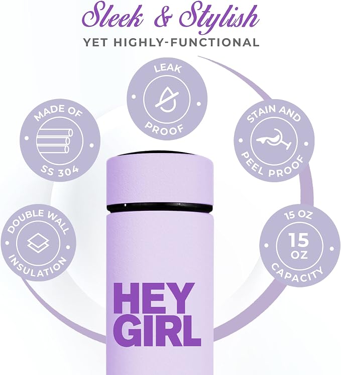 Hey Girl Tea Infuser Bottle 450ml - Insulated Stainless Steel Water Bottle - Tea Tumbler with Tea Diffuser - Portable Travel Mug for Loose Leaf Tea & Infused Water - Tea Lovers Gifts for Women