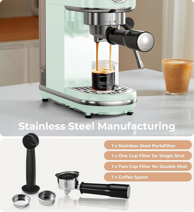 atatix 20 Bar Espresso Machine with Milk Frother, Compact Espresso Maker | Stainless Steel Coffee Machine with Precise Temp Control & 44oz Removable Water Tank for Latte, Cappuccino, Light Green