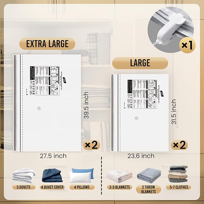 TAILI 4 Pack Vacuum Storage Bags, 2 Size Combo(2 Large+2 Jumbo), Clear | LONG SIDE ZIP Vacuum Seal Bags for Clothing, Space Saver for Beddings, Comforters, Blankets, Pillows