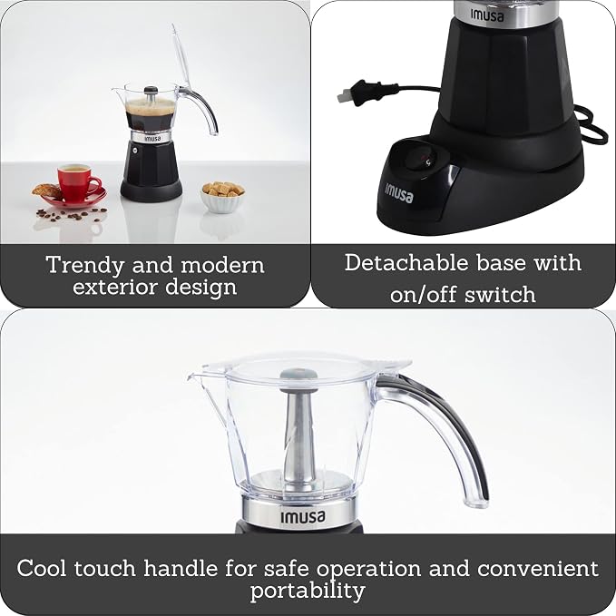 IMUSA 6 or 3 Cup Electric Espresso Maker with Cool-touch Handle, Black | Bare Cast Aluminum Finish, Detachable Cool-Touch Base, Ideal for Cuban Coffee, Perfect for Entertaining