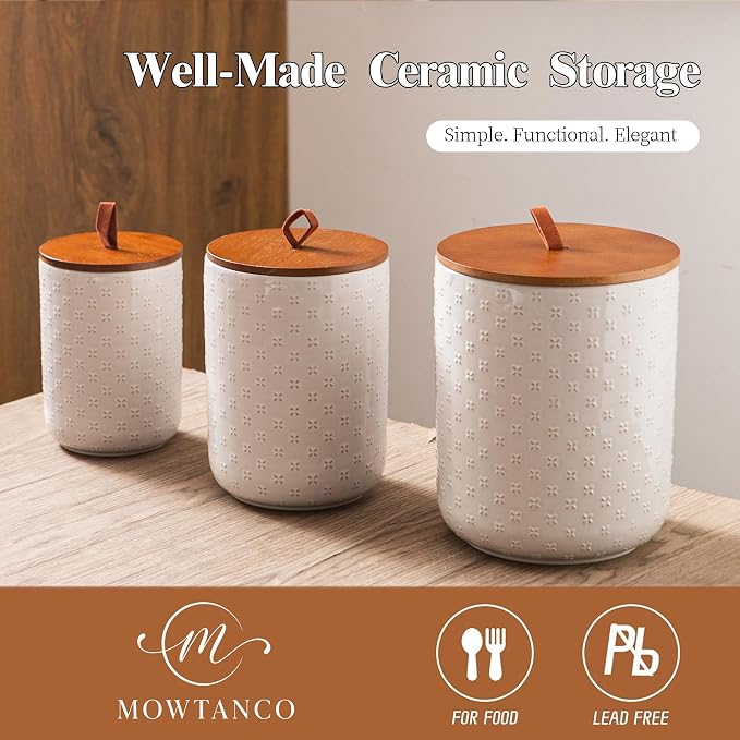 Mowtanco Embossed Ceramic Canister Set with Airtight Bamboo Lid | 30/48/82 oz White Ceramic Kitchen Jar Set, Countertop & Pantry Organization for Coffee, Sugar, Flour, Tea & Snacks